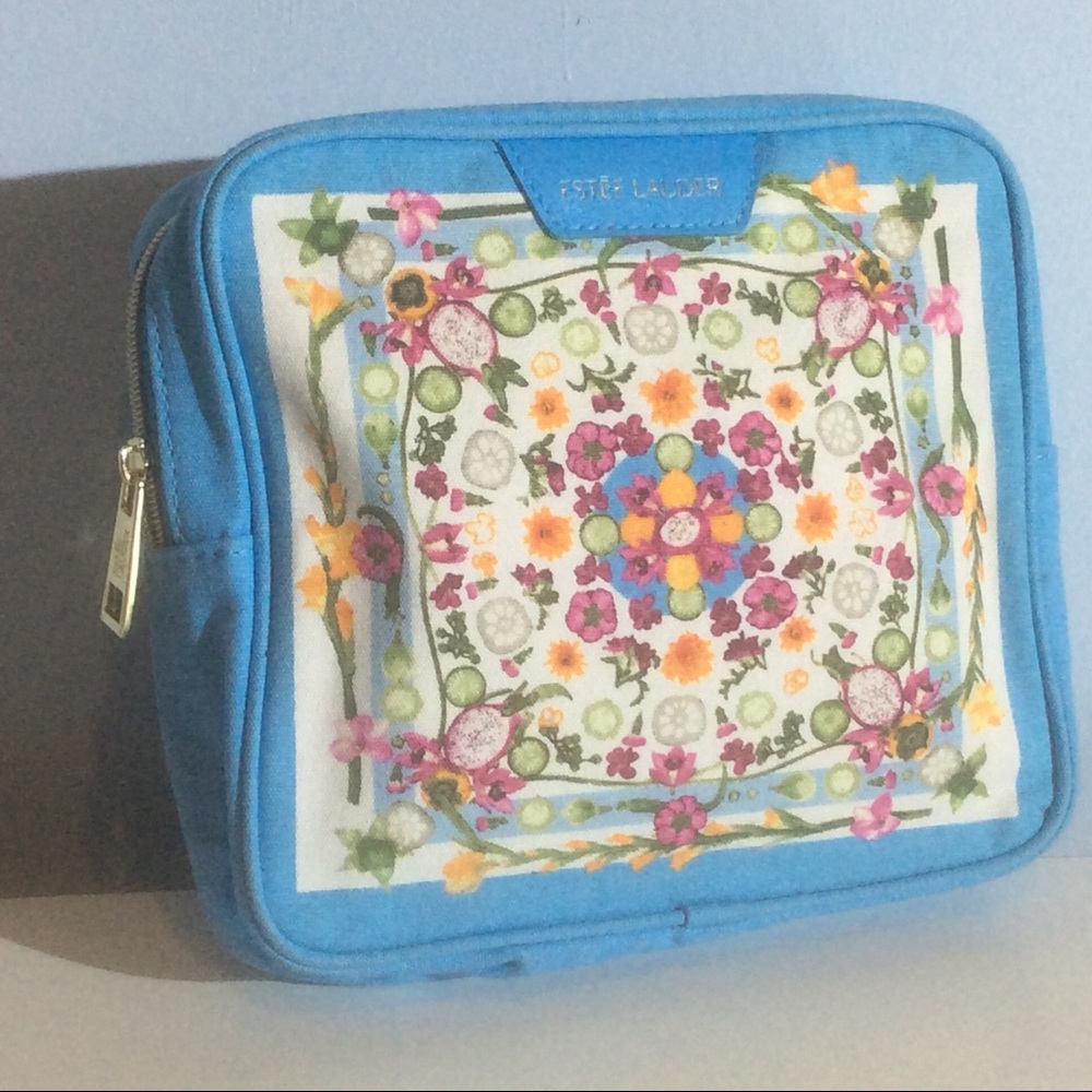 Estee Lauder Blue Floral Square Zip Cosmetic Case Makeup Travel Storage Bag